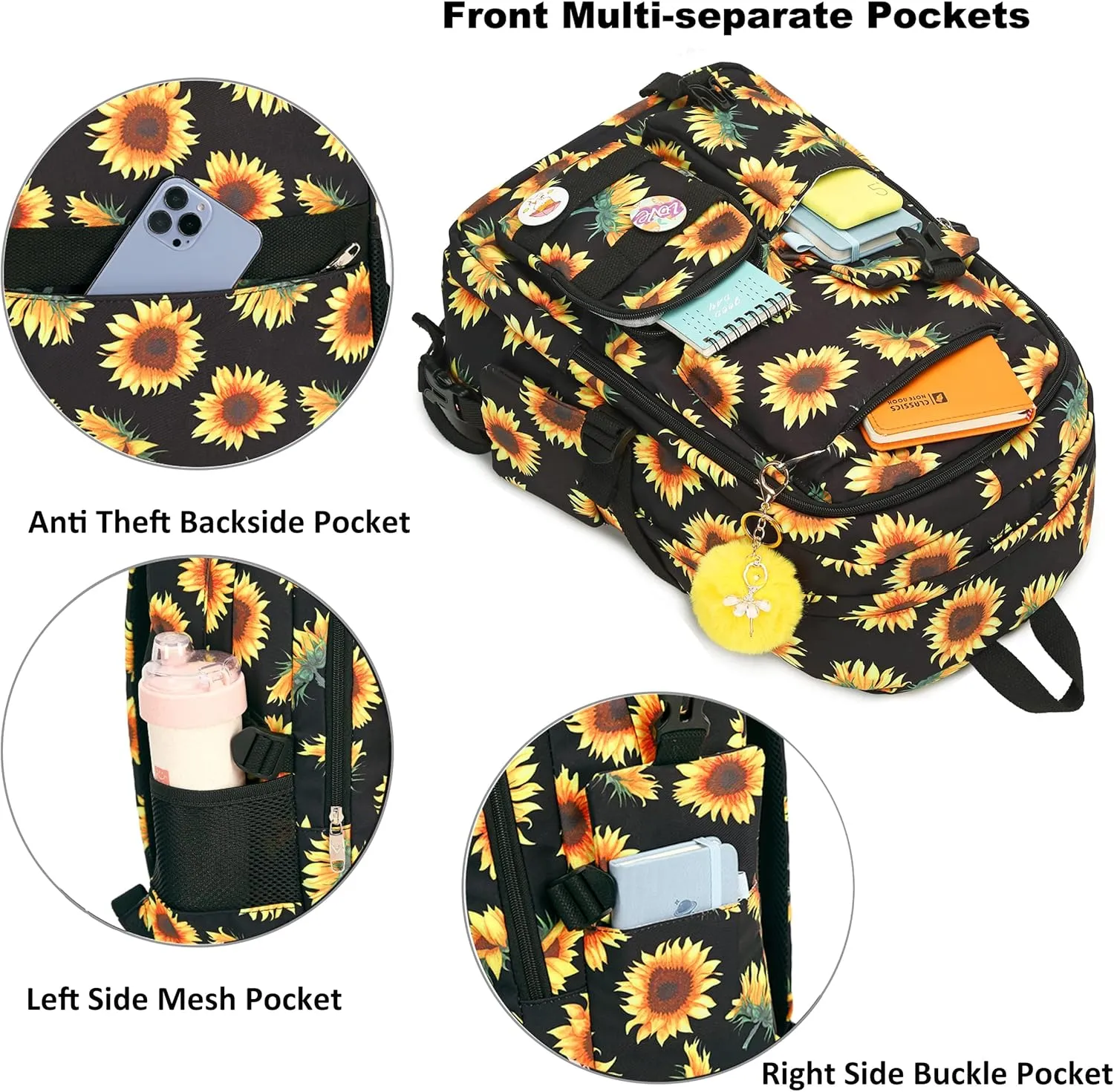 Laptop Backpacks 15.6 Inch College Backpack Elementary Middle High School Book Bag Cute Bookbags Anti Theft Travel Back Pack Casual Daypack Kids for Teens Girls Women Students (Sunflower Black)