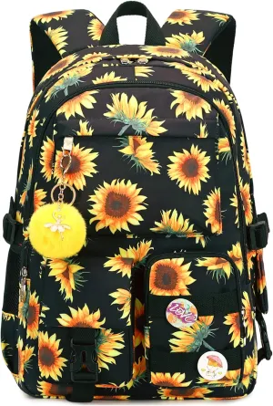 Laptop Backpacks 15.6 Inch College Backpack Elementary Middle High School Book Bag Cute Bookbags Anti Theft Travel Back Pack Casual Daypack Kids for Teens Girls Women Students (Sunflower Black)