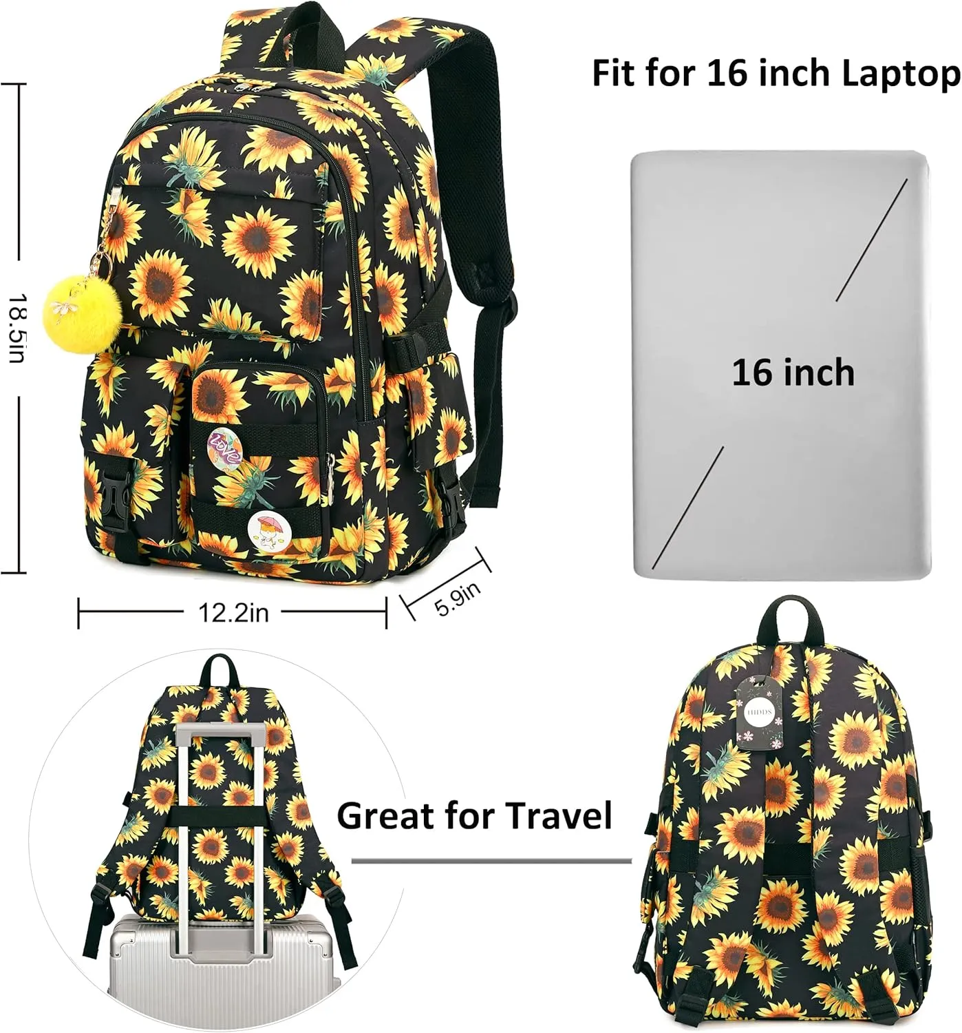 Laptop Backpacks 15.6 Inch College Backpack Elementary Middle High School Book Bag Cute Bookbags Anti Theft Travel Back Pack Casual Daypack Kids for Teens Girls Women Students (Sunflower Black)
