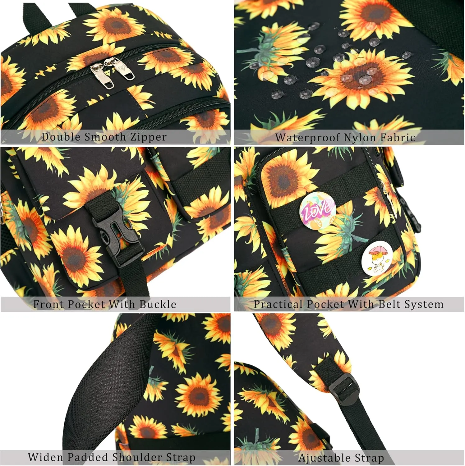 Laptop Backpacks 15.6 Inch College Backpack Elementary Middle High School Book Bag Cute Bookbags Anti Theft Travel Back Pack Casual Daypack Kids for Teens Girls Women Students (Sunflower Black)