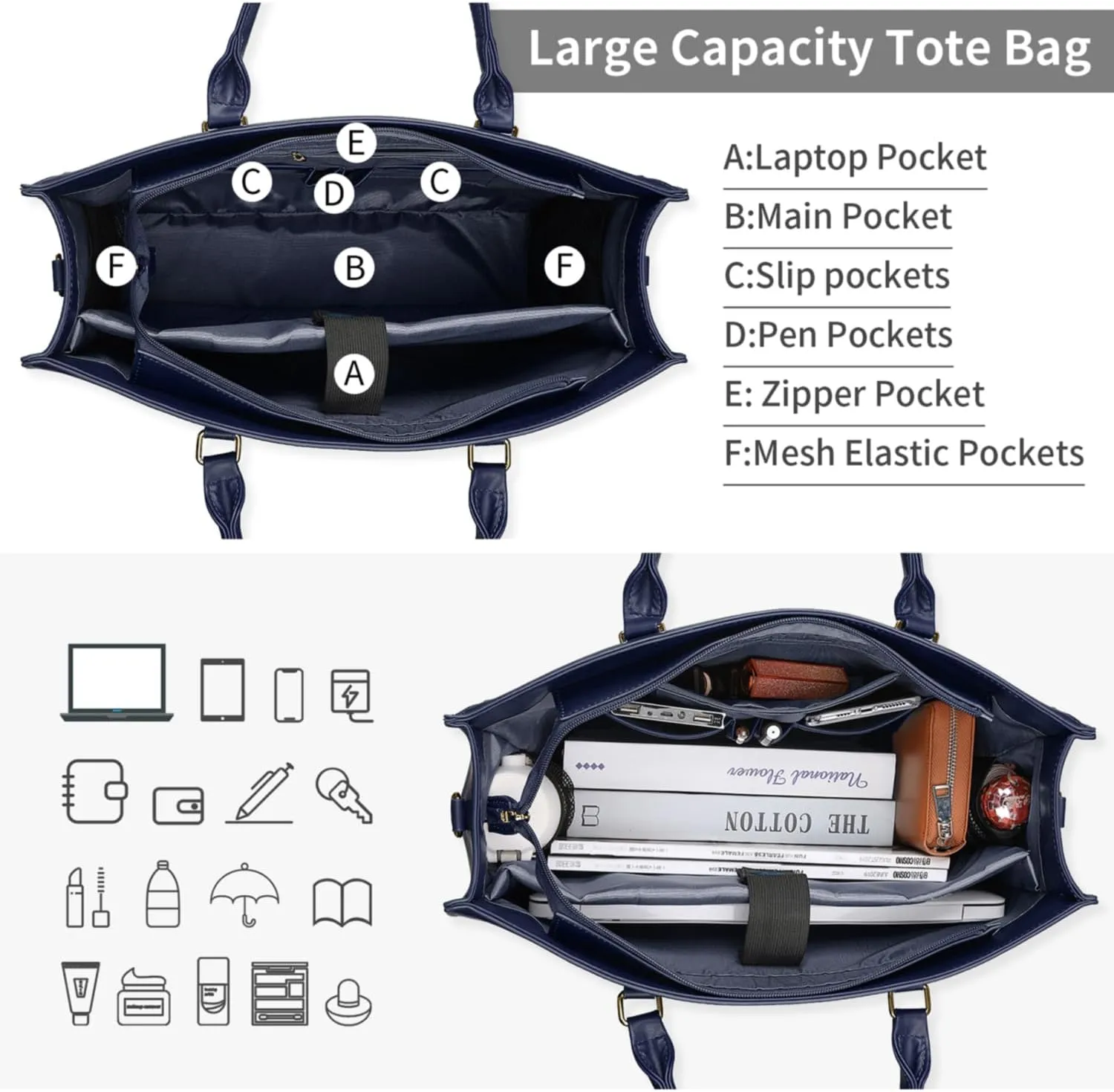 Laptop Bag for Women 15.6 Inch Laptop Tote Bag Waterproof Leather Computer Bag Business Lightweight Office Briefcase Large Shoulder Handbag Deep Blue