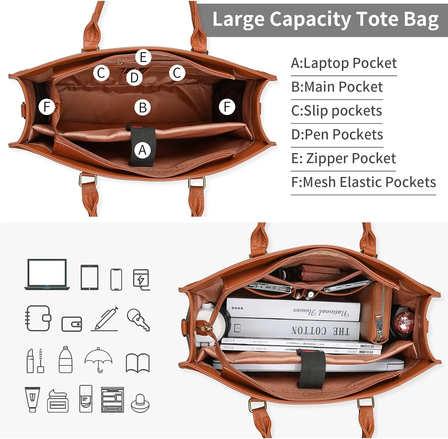 Laptop Bag for Women 15.6 Inch Laptop Tote Bag Waterproof Leather Computer Tote Bag Business Lightweight Office Briefcase Large Capacity Handbag Shoulder Bag Suntan