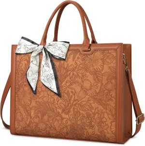 Laptop Bag for Women 15.6 Inch Laptop Tote Bag Waterproof Leather Computer Tote Bag Business Lightweight Office Briefcase Large Capacity Handbag Shoulder Bag Suntan