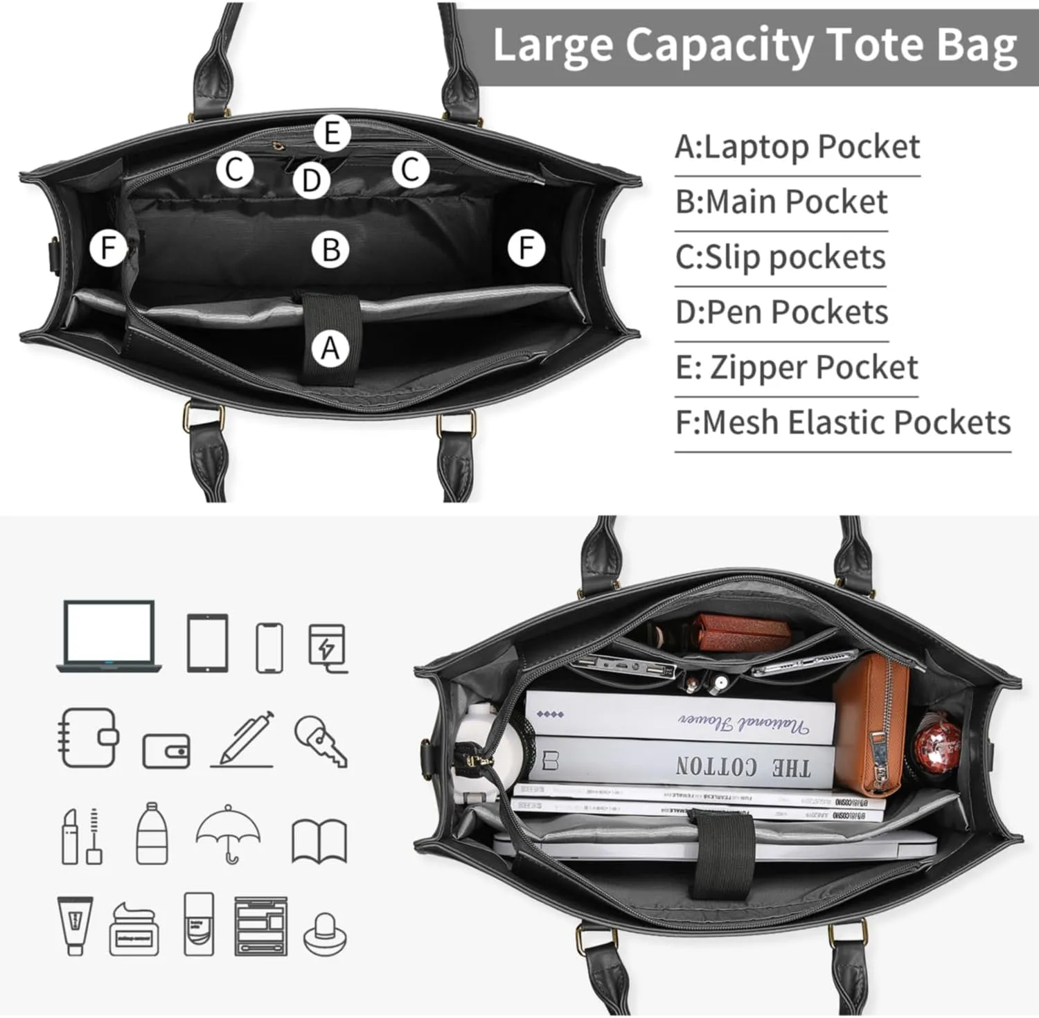 Laptop Bag for Women 15.6 Inch Tote Waterproof Leather Computer Business Lightweight Office Briefcase Large Capacity Handbag Shoulder Black