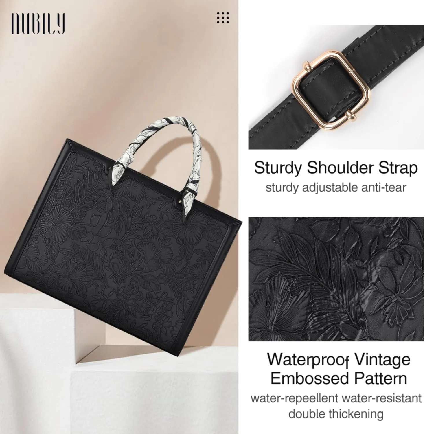 Laptop Bag for Women 15.6 Inch Tote Waterproof Leather Computer Business Lightweight Office Briefcase Large Capacity Handbag Shoulder Black