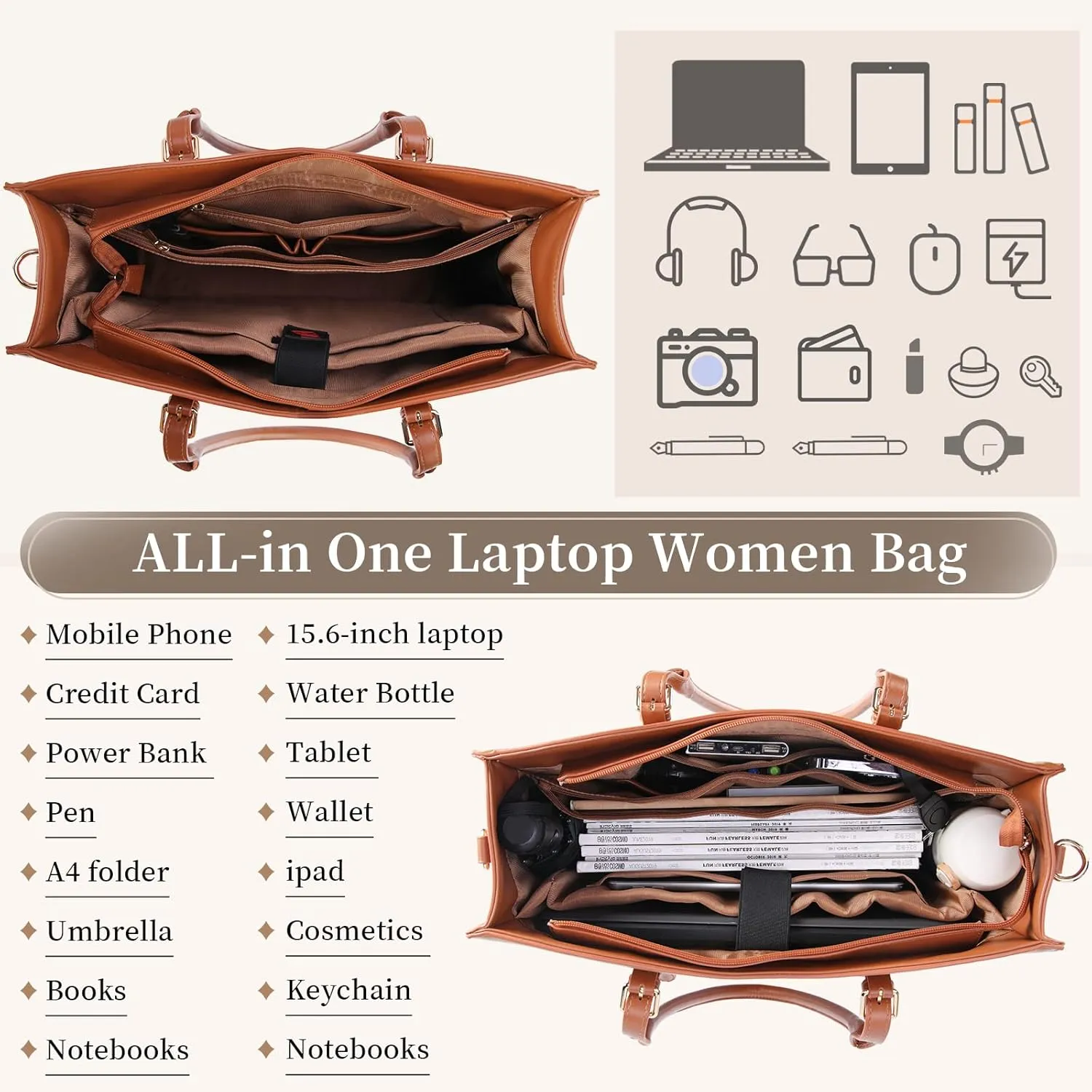 Laptop Bag for Women 15.6 inch Waterproof Laptop Tote Work Bag Leather Computer Tote Briefcase Bag Office Professional Large Capacity Handbag School Shoulder Bag Brown