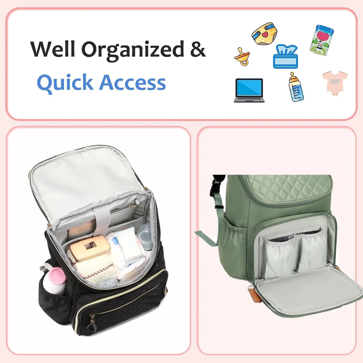 Large Capacity Diaper Bag with Stroller Buckle, Water-Resistant Travel Backpack with Insulated Pockets (Nylon, Green)