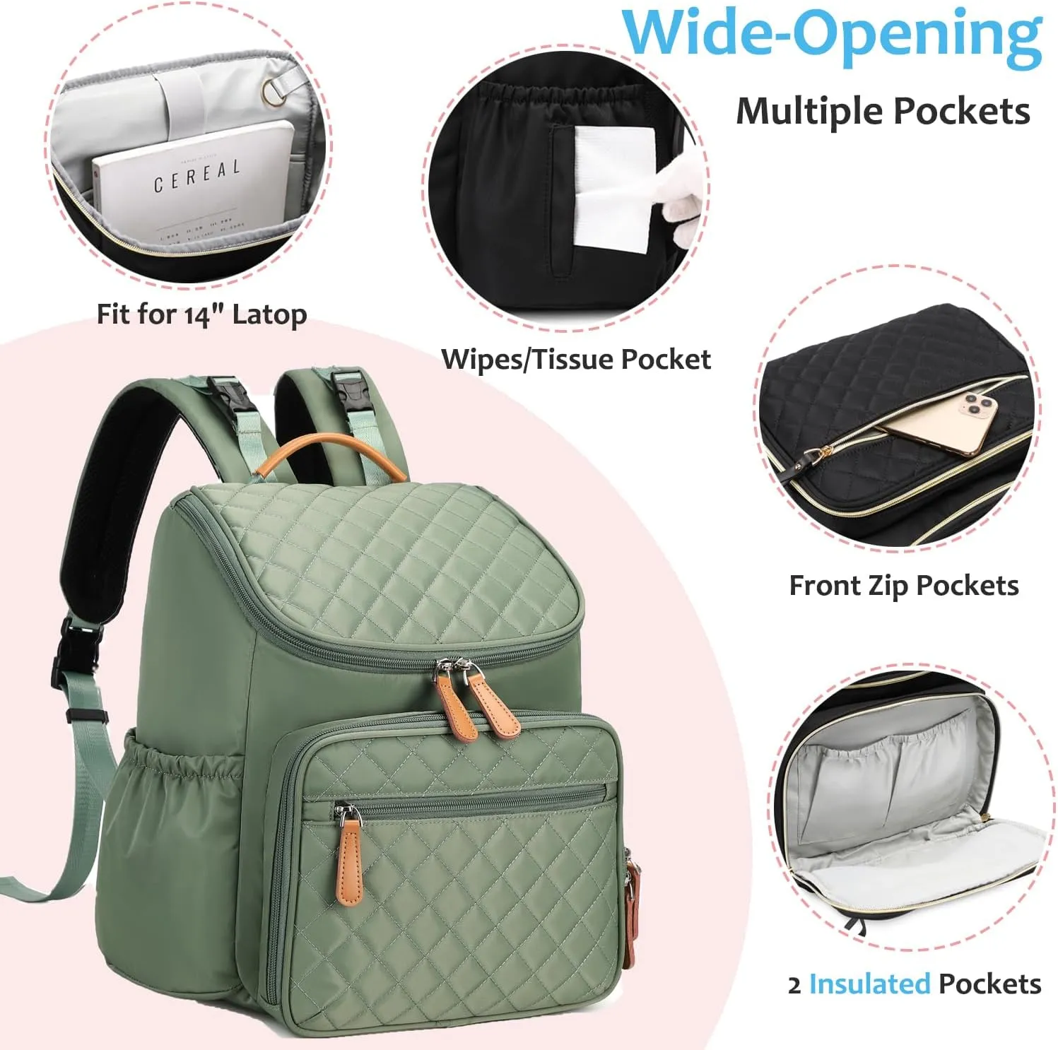 Large Capacity Diaper Bag with Stroller Buckle, Water-Resistant Travel Backpack with Insulated Pockets (Nylon, Green)