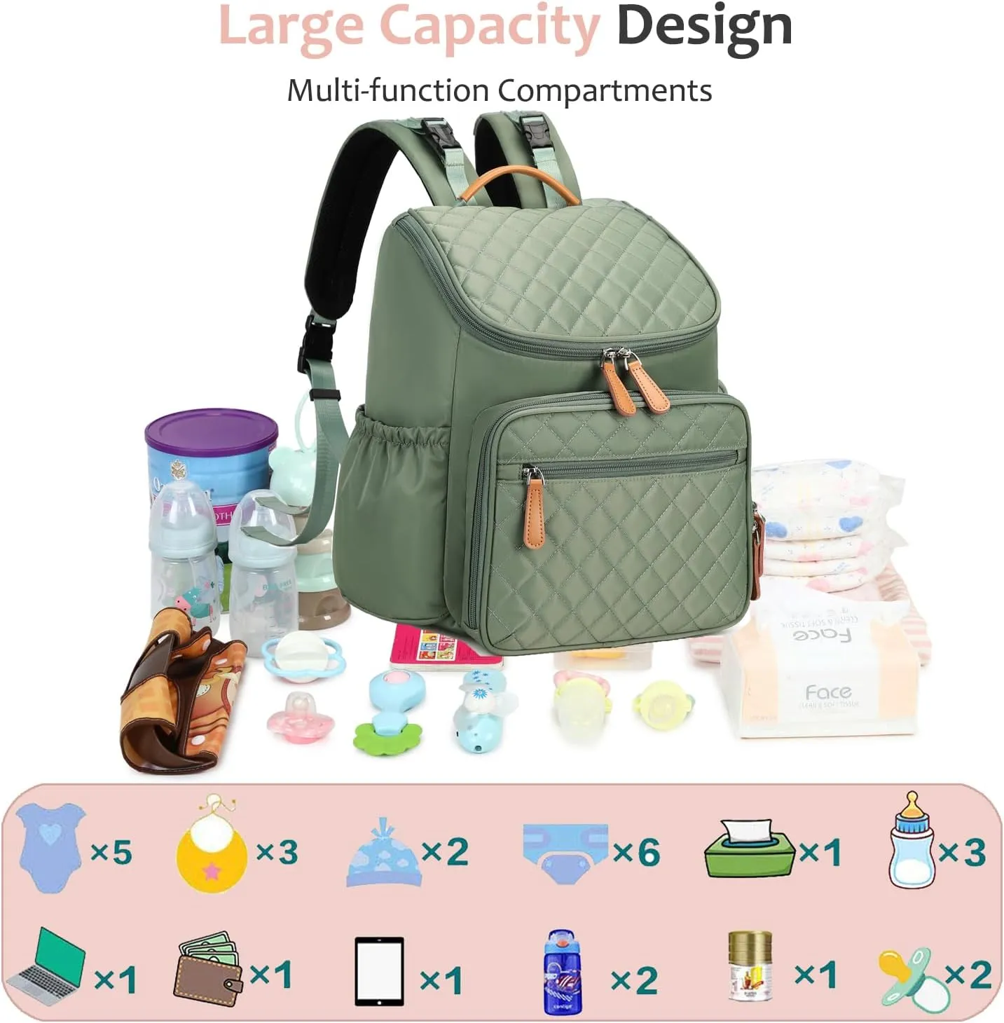 Large Capacity Diaper Bag with Stroller Buckle, Water-Resistant Travel Backpack with Insulated Pockets (Nylon, Green)