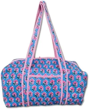 Large Cotton Weekender Travel Bag, Handmade Quilted Fabric Duffle Bag, Block Printed Overnight Bags, Hand Luggage Bag, Bags for Women Pink Bags (Color-6, 20X10X10" Inch)