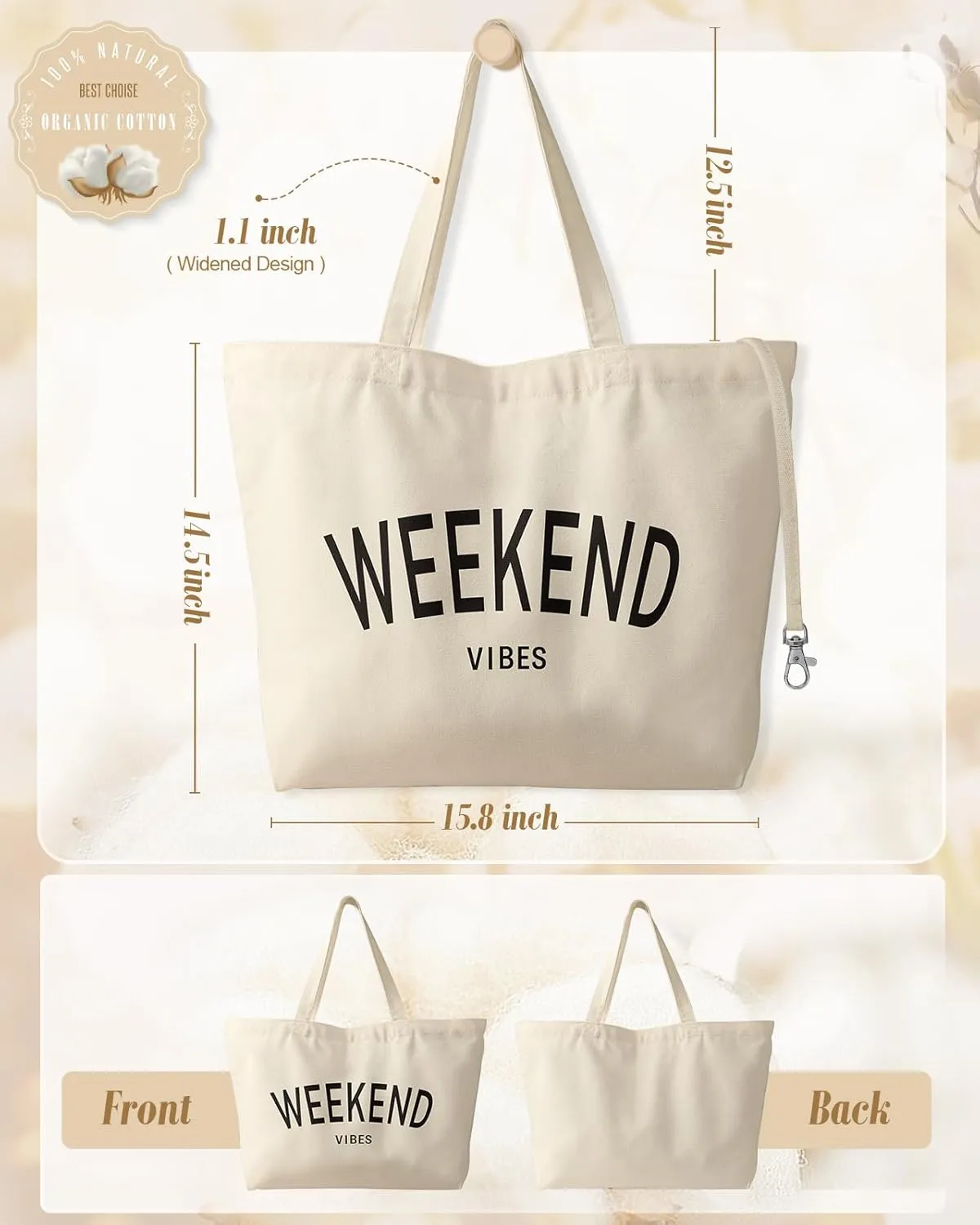 Large Tote Bag for Women - Aesthetic Cute Big Canvas Bags with Zipper Cotton Shoulder Bag for Gym, Travel, Work