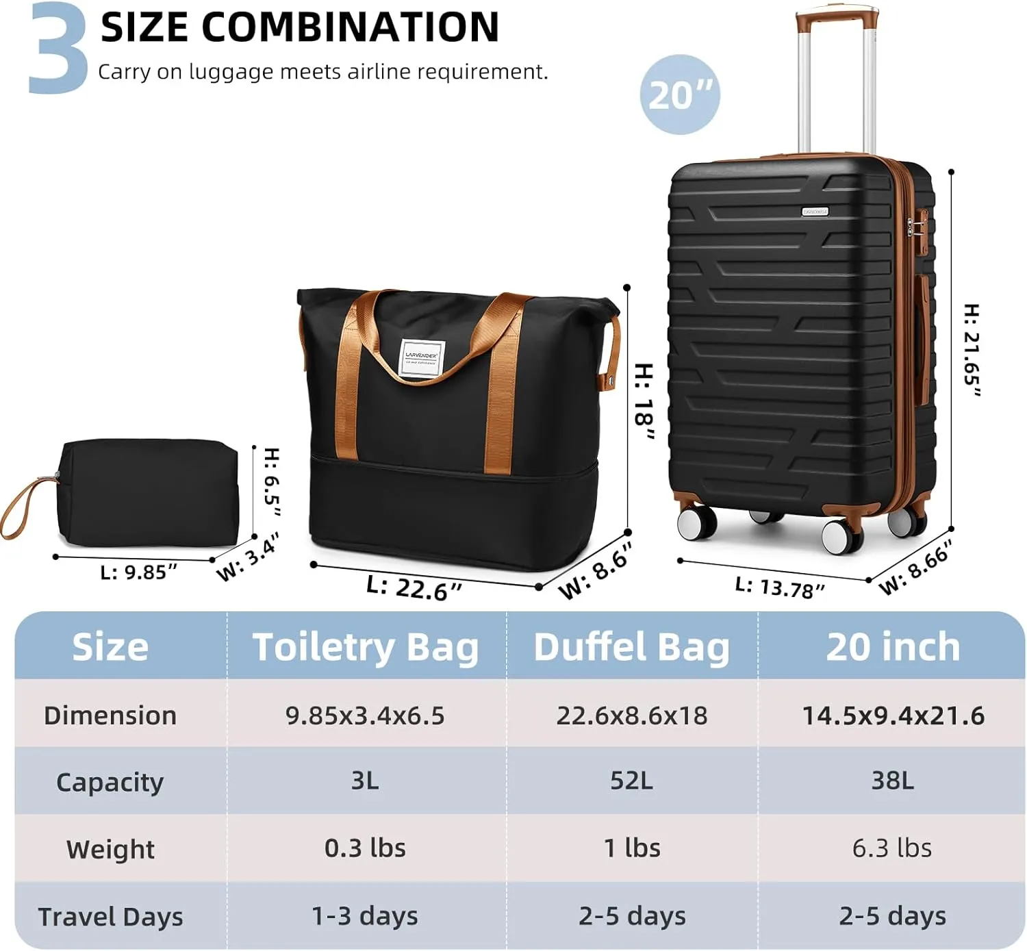 LARVENDER Luggage Sets 3 Piece, Hardside 20 Inch Carry on Luggage Airline Approved Suitcase Set with Spinner Wheels TSA Lock, Lightweight Rolling Suitcase for Men and Women, Black