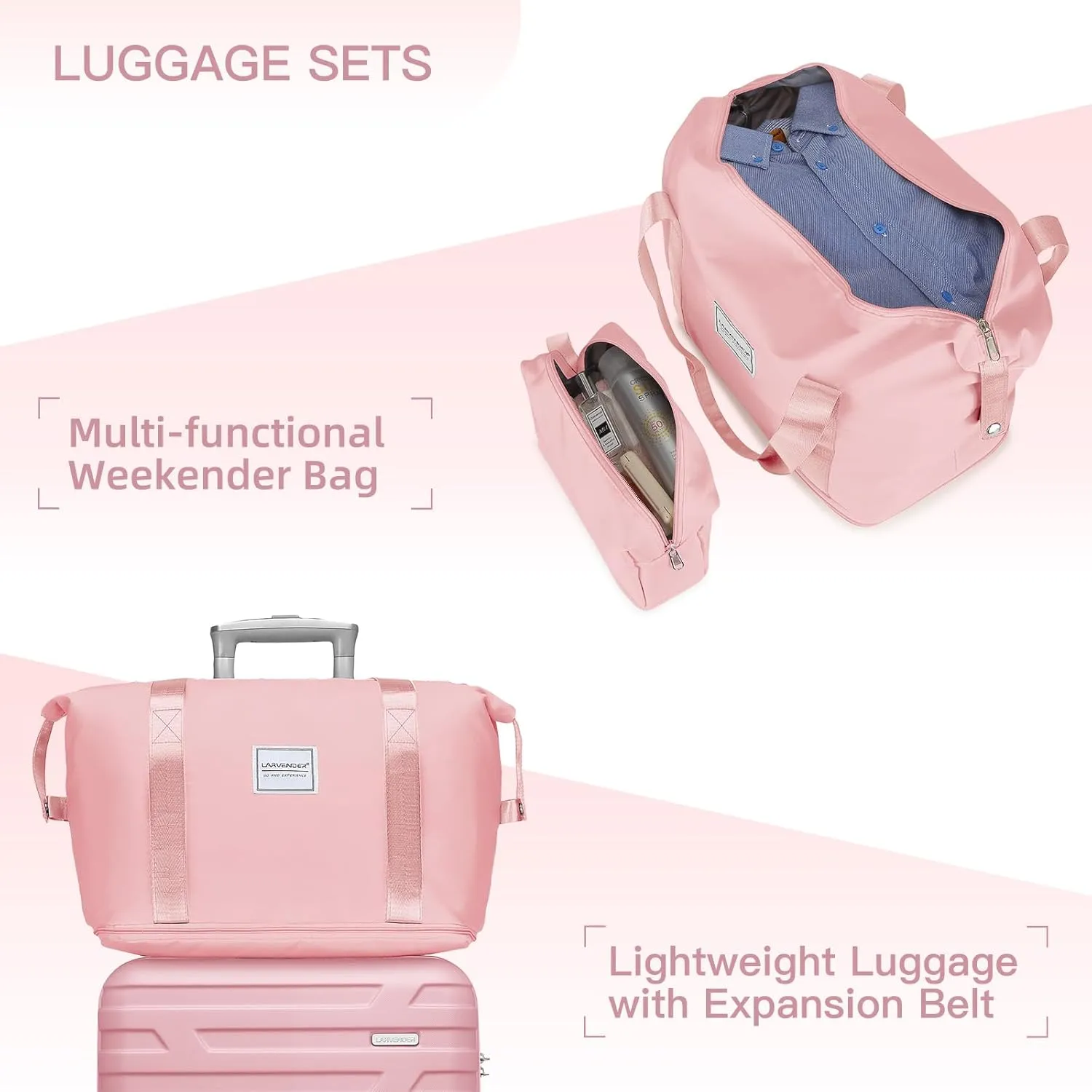 LARVENDER Luggage Sets 3 Piece, Hardside 20 Inch Carry on Luggage Airline Approved Suitcase Set with Spinner Wheels TSA Lock, Lightweight Rolling Suitcase for Men and Women, Pink