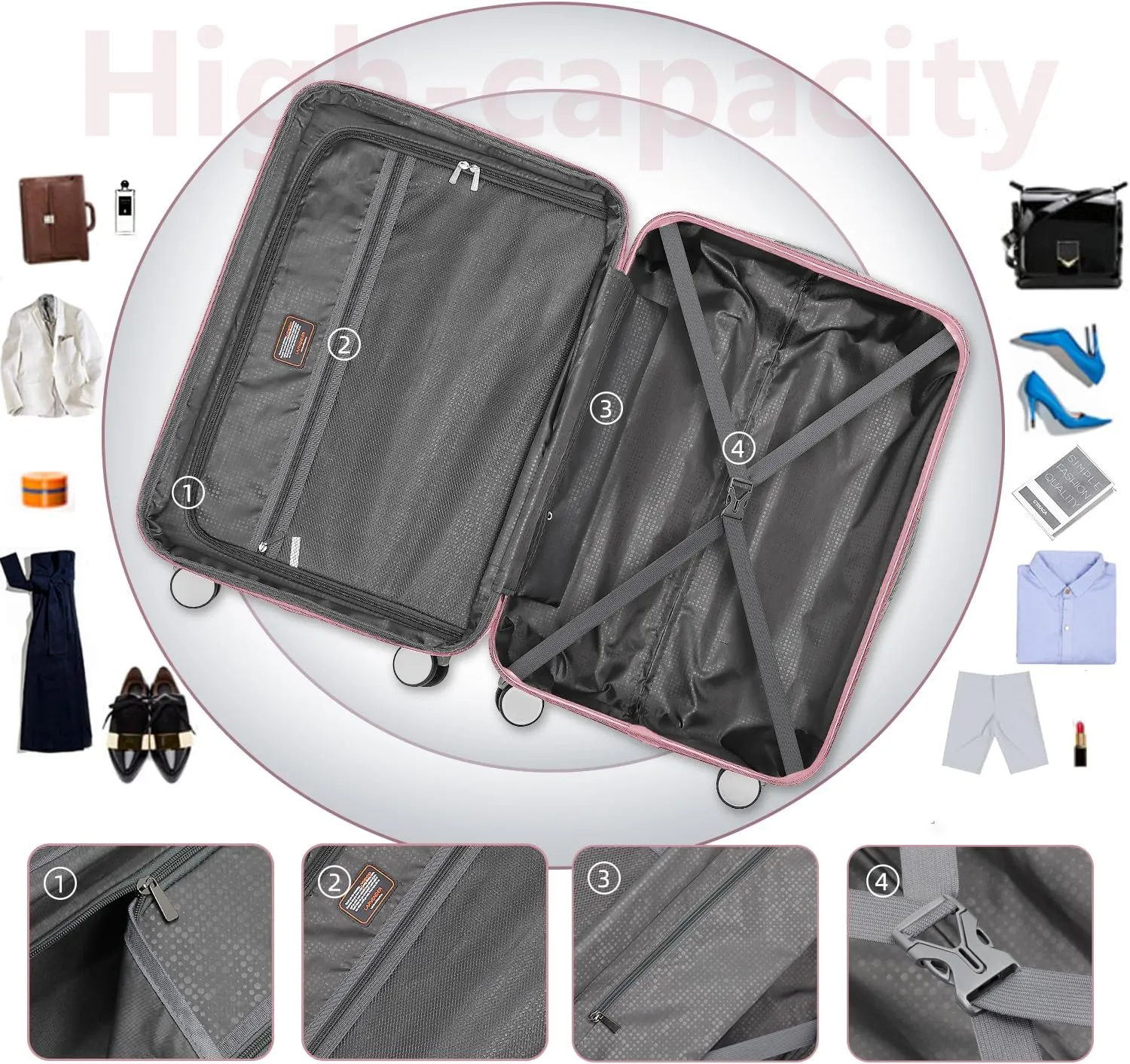 LARVENDER Luggage Sets 3 Piece, Hardside 20 Inch Carry on Luggage Airline Approved Suitcase Set with Spinner Wheels TSA Lock, Lightweight Rolling Suitcase for Men and Women, Pink