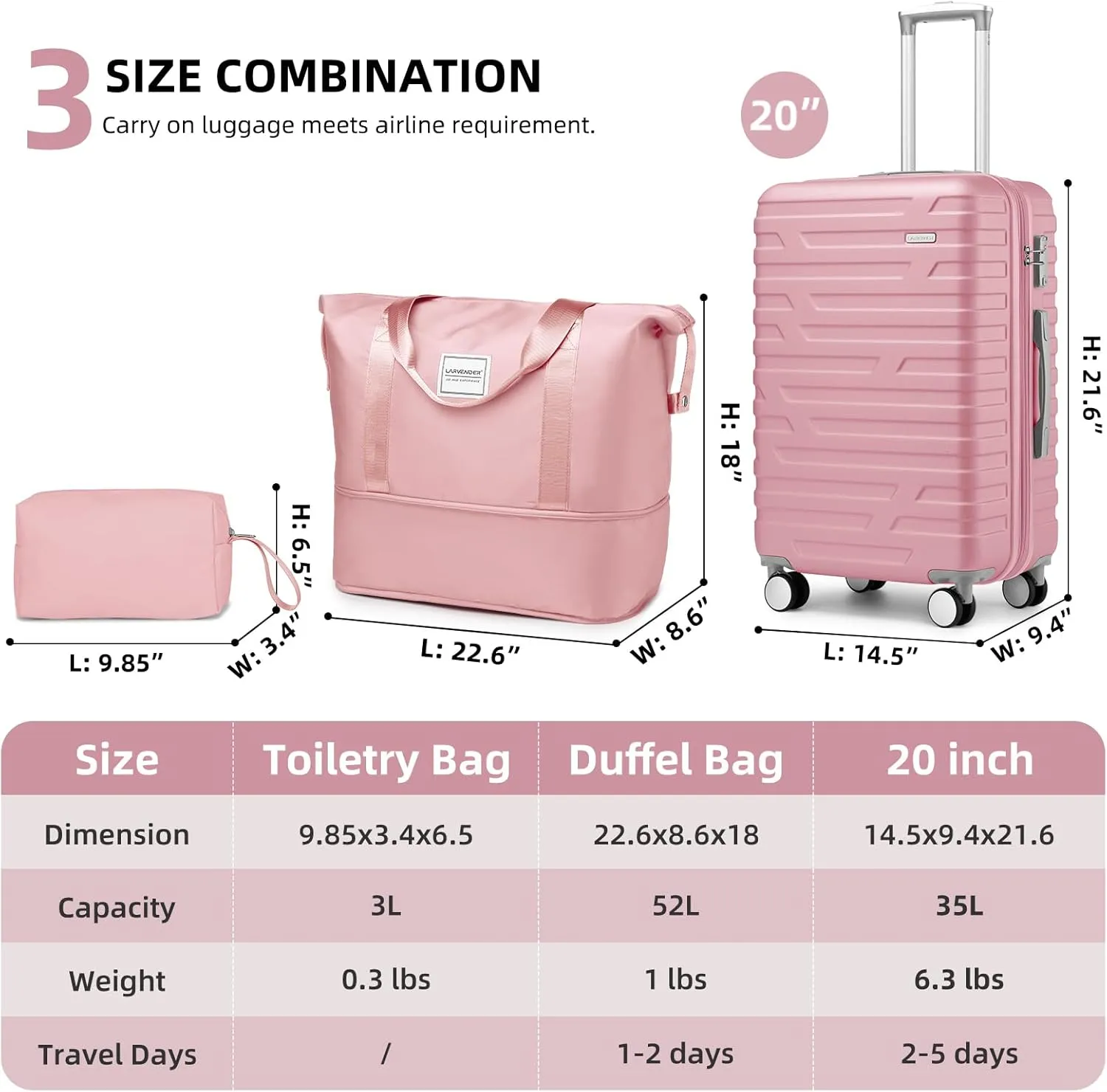 LARVENDER Luggage Sets 3 Piece, Hardside 20 Inch Carry on Luggage Airline Approved Suitcase Set with Spinner Wheels TSA Lock, Lightweight Rolling Suitcase for Men and Women, Pink