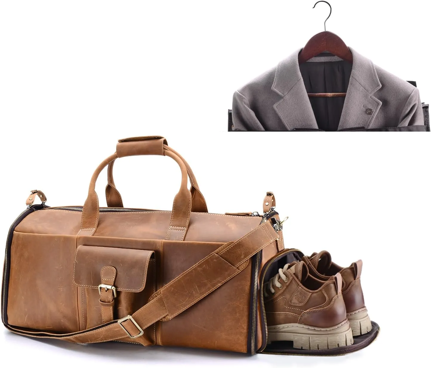 Lather Garment Bag Convertible Carry on Duffle Bag Weekender Hanging Suitcase Suit Travel Bags for Men Women
