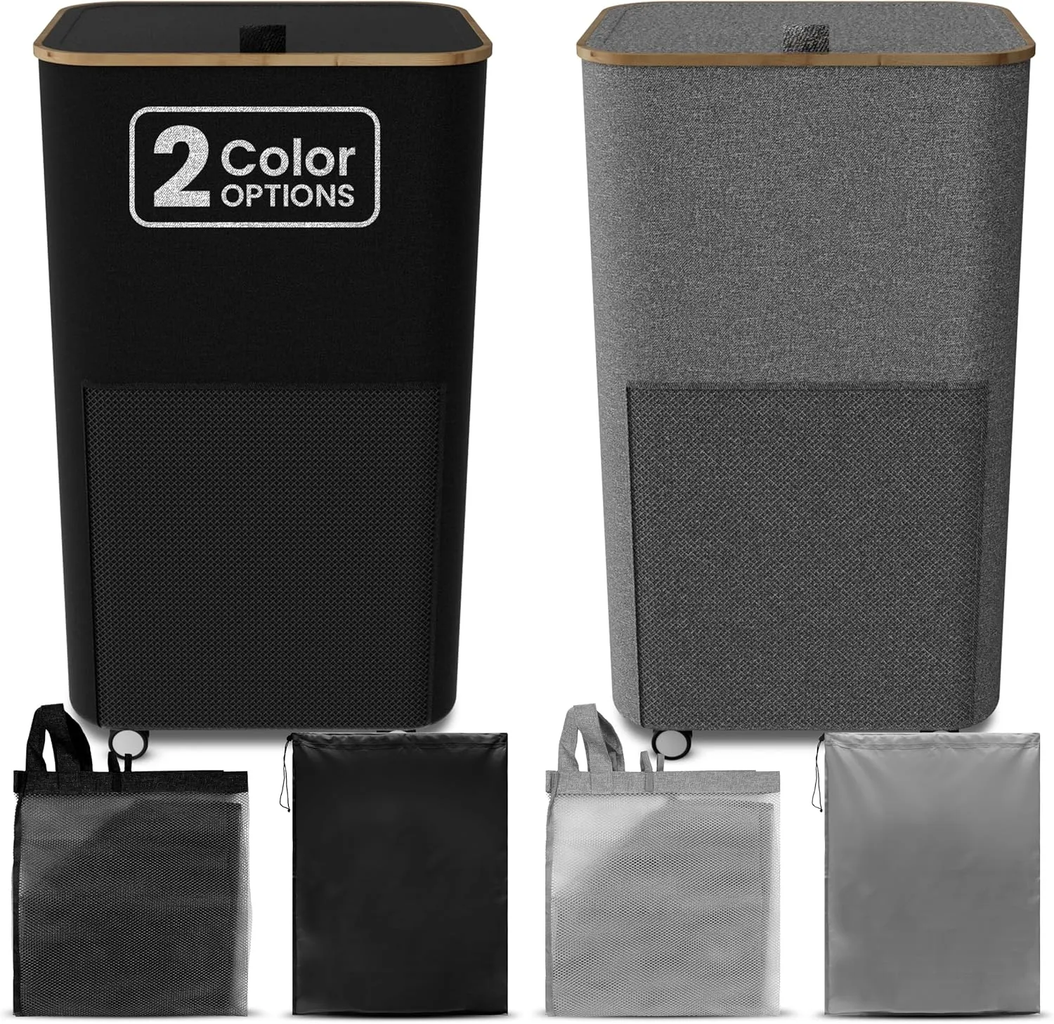 Laundry Basket with Wheels and Handle - 100L Bamboo-Fabric Laundry Hamper with Lid, Front Mesh Pocket, Travel Bag, Sturdy Wheels, Black