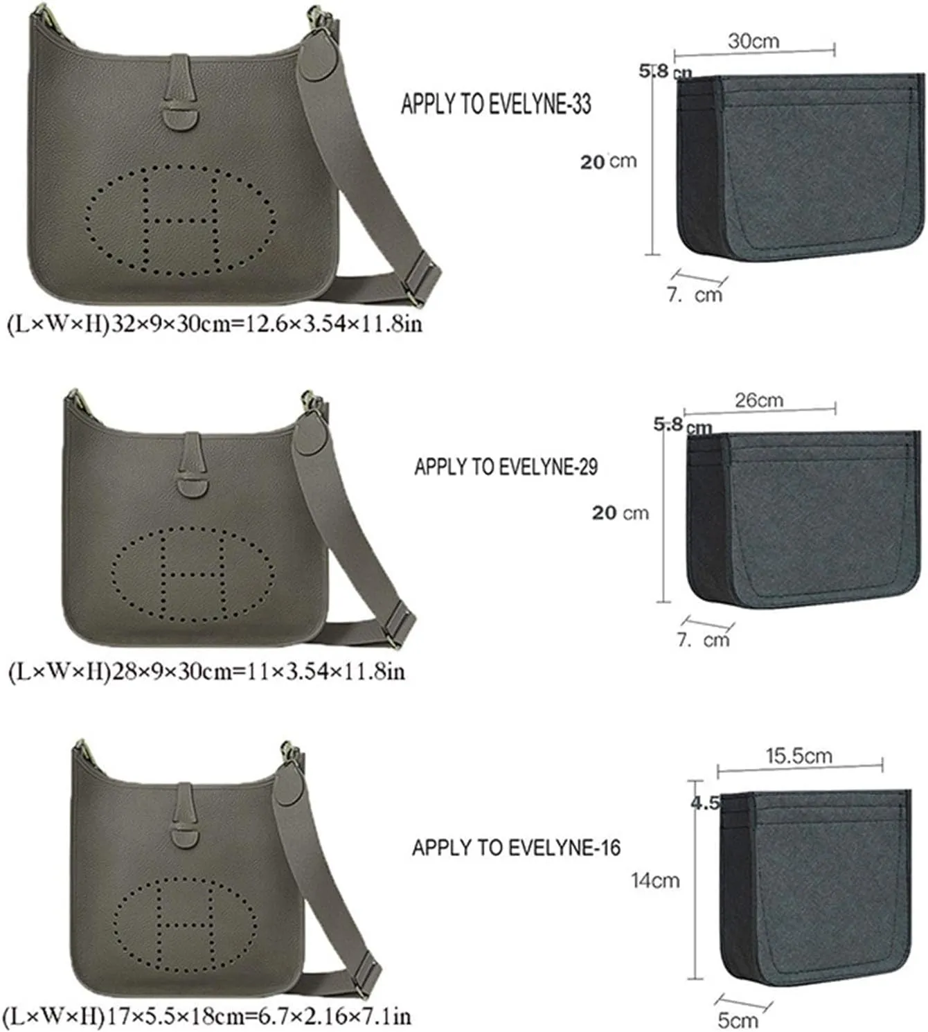 Lckaey Felt Organizer-for Hermes Evelyne III tpm pm gm Bag Insert Mini 16 29 33 Bag Purse Organizer Y003 Grey-L