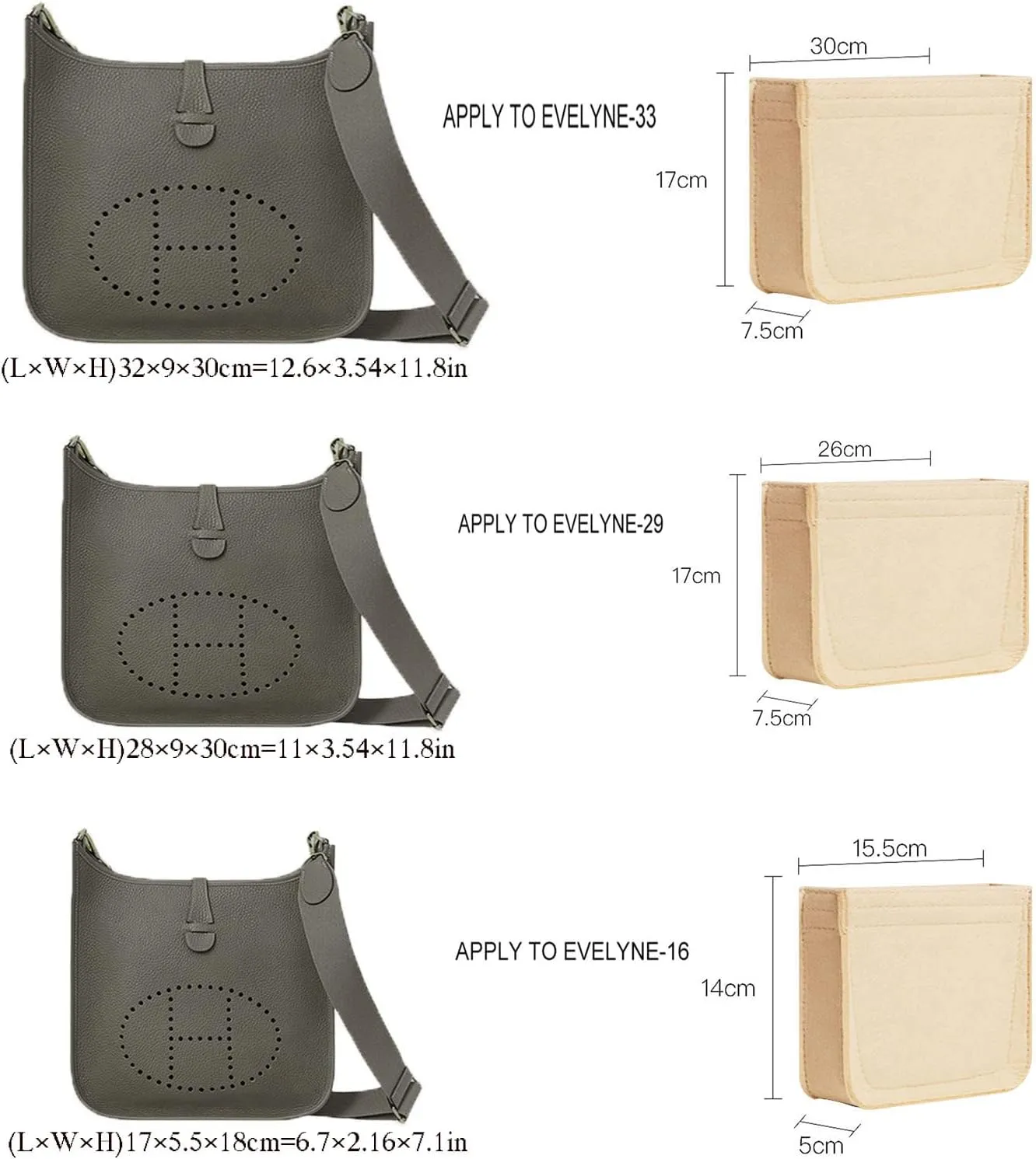 Lckaey Felt Organizer-for Hermes Evelyne III tpm pm gm Bag Insert Mini 16 29 33 Bag Purse Organizer Y003 Khaki-L