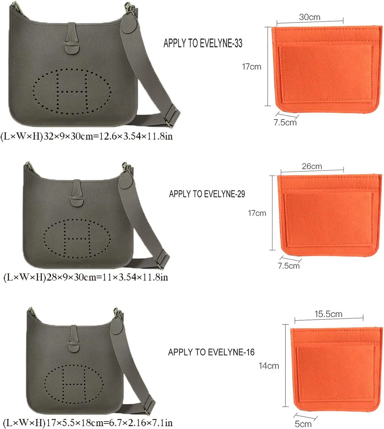 Lckaey Felt Organizer-for Hermes Evelyne III tpm pm gm Bag Insert Mini 16 29 33 Bag Purse Organizer Y003 Orange-S
