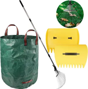 Leaf Collector Garden Rake Set - Adjustable 18 Tines Leaf Rakes & Leaf Picker Upper & 72 Gallon Lawn Waste Bag, Heavy Duty Collect Rake, Hand Leaf Scoop, Brown Paper Dumpster, Yard Gardening Tool
