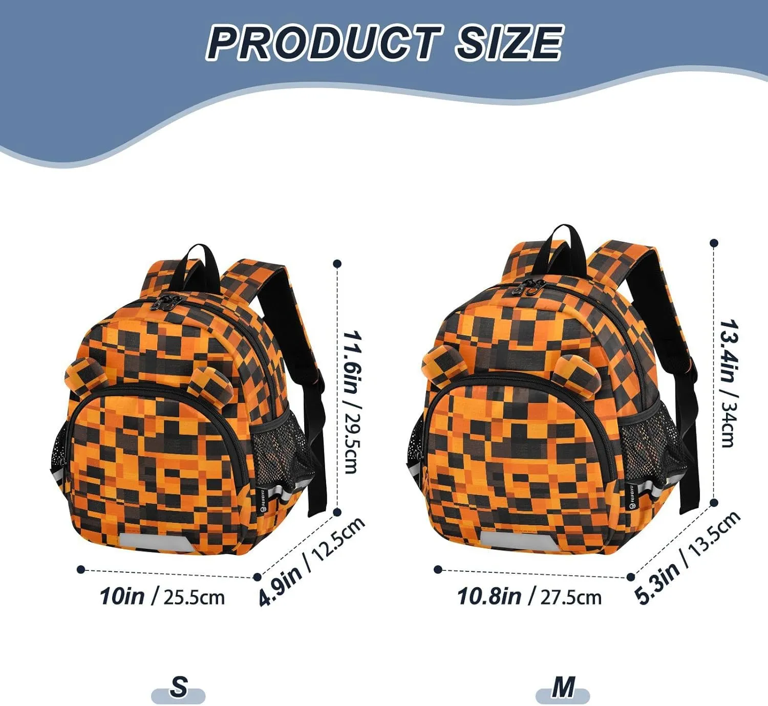 Leash Backpacks with Reflective Strips, Checkered Orange Black Squares Backpack for Girl 3-6 Years