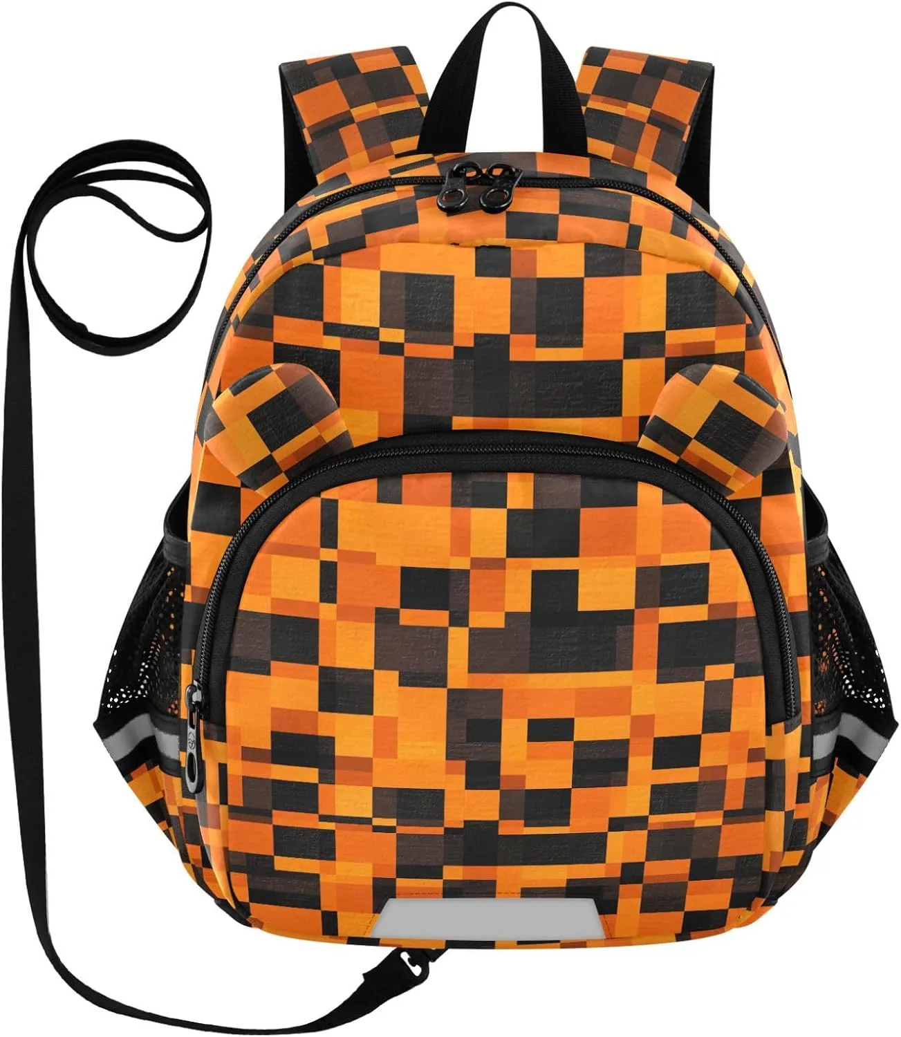 Leash Backpacks with Reflective Strips, Checkered Orange Black Squares Backpack for Girl 3-6 Years