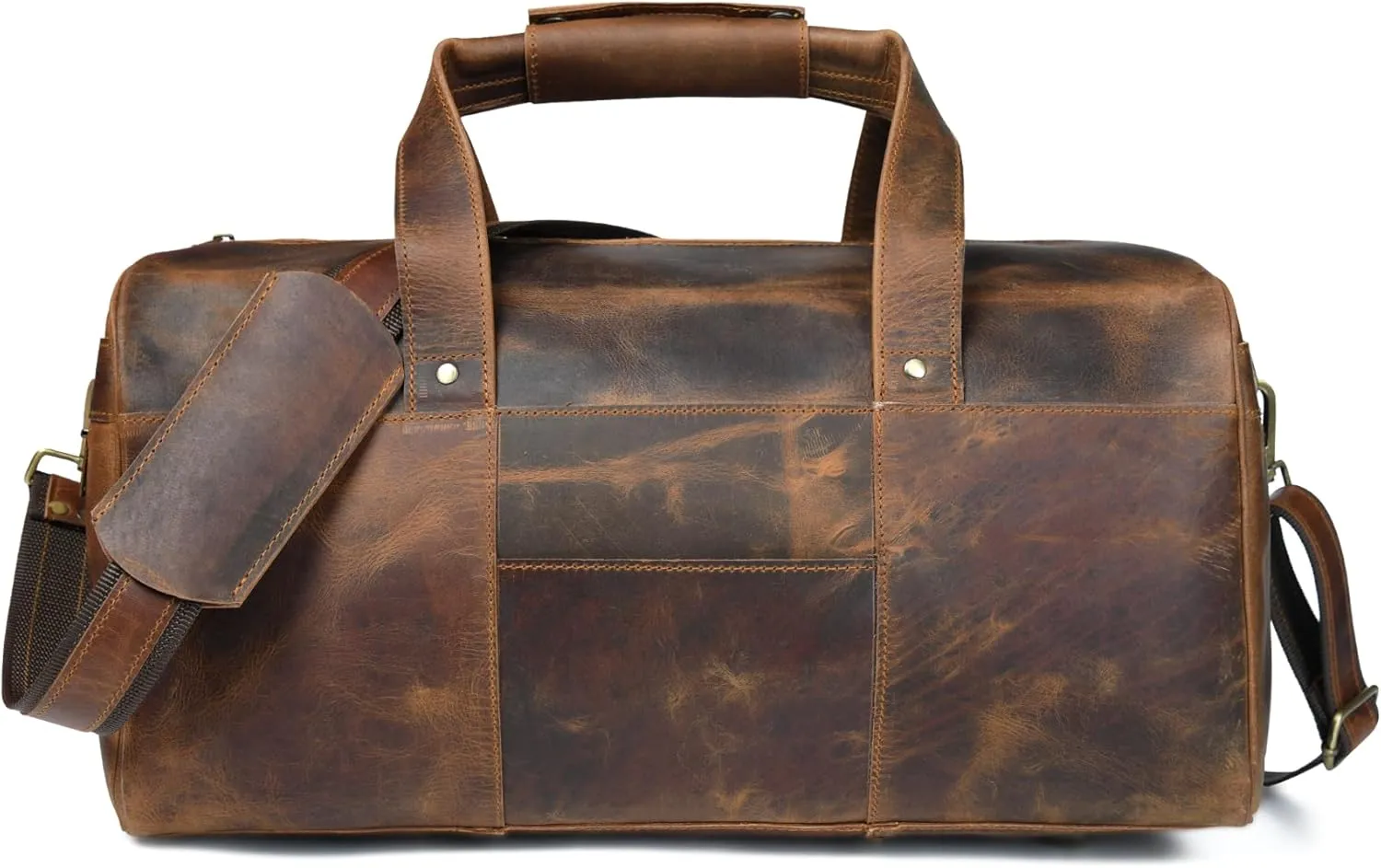 Leather Duffle Bag for Men Genuine Leather, Multi Pockets Size-18Wx9.5Hx9.5D (Brown)