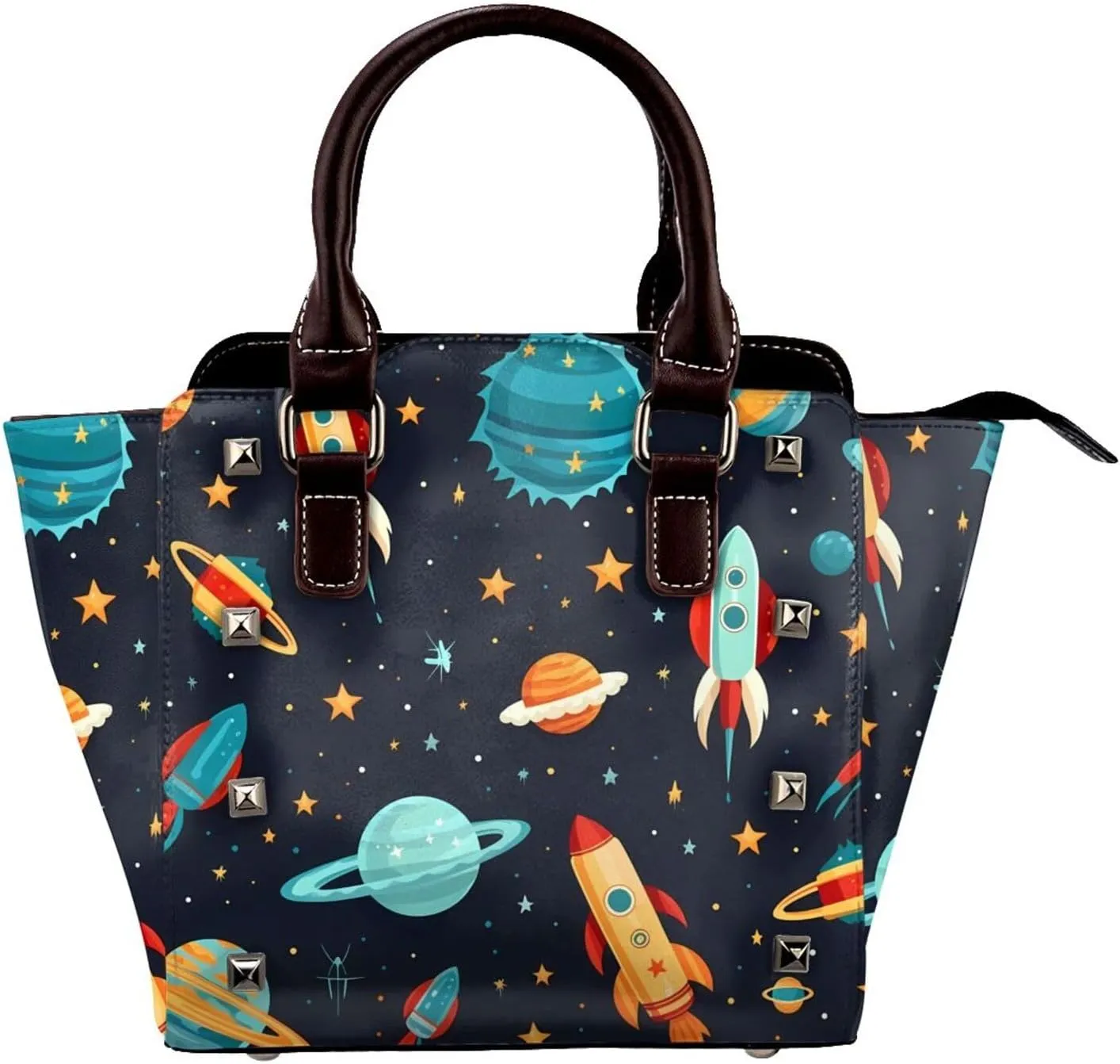 Leather Shoulder Bag for Women, Cartoon Rockets Ufo Studded Purse Galaxy UFO Crossbody Handbags Punk Hobo Bag with Adjustable Strap
