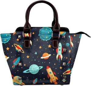 Leather Shoulder Bag for Women, Cartoon Rockets Ufo Studded Purse Galaxy UFO Crossbody Handbags Punk Hobo Bag with Adjustable Strap