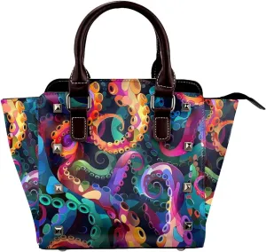 Leather Shoulder Bag for Women, Colorful Octopus Tentacles Studded Purse Sea Animal Crossbody Handbags Punk Hobo Bag with Adjustable Strap