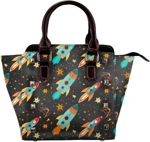 Leather Shoulder Bag for Women, Space Station Studded Purse Universe Rocket Crossbody Handbags Punk Hobo Bag with Adjustable Strap
