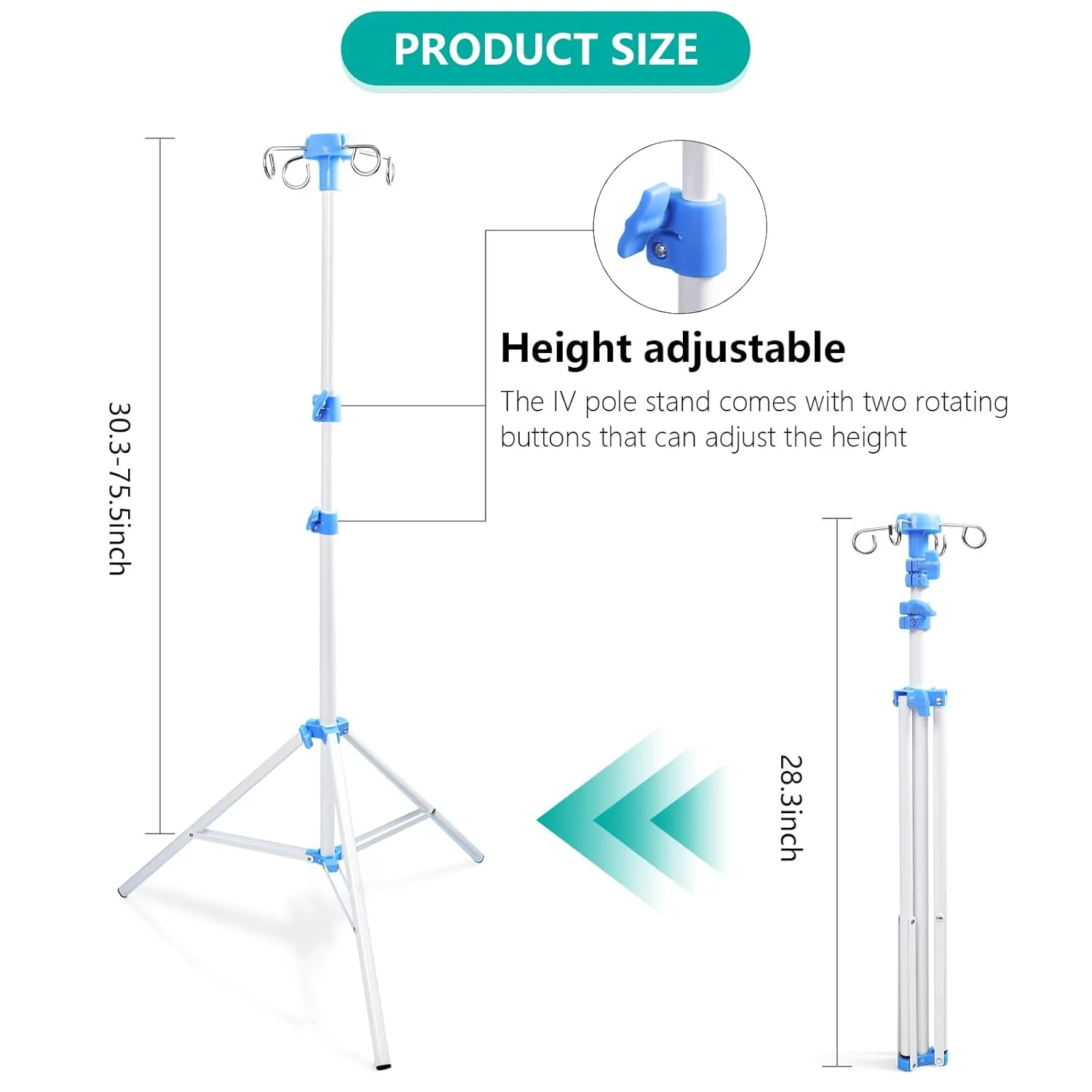 Lefeke IV Pole Portable for Traveling, Adjustable IV Stand with Hooks, Medical IV Drip Infusion Bag Holder, IV Fluids Floor Stand (White)