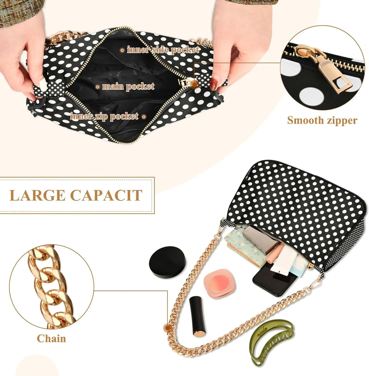 Lemon Polka Dots Black Moon Purses Clutch Women Tote Handbags Printed Floral Shoulder Bag
