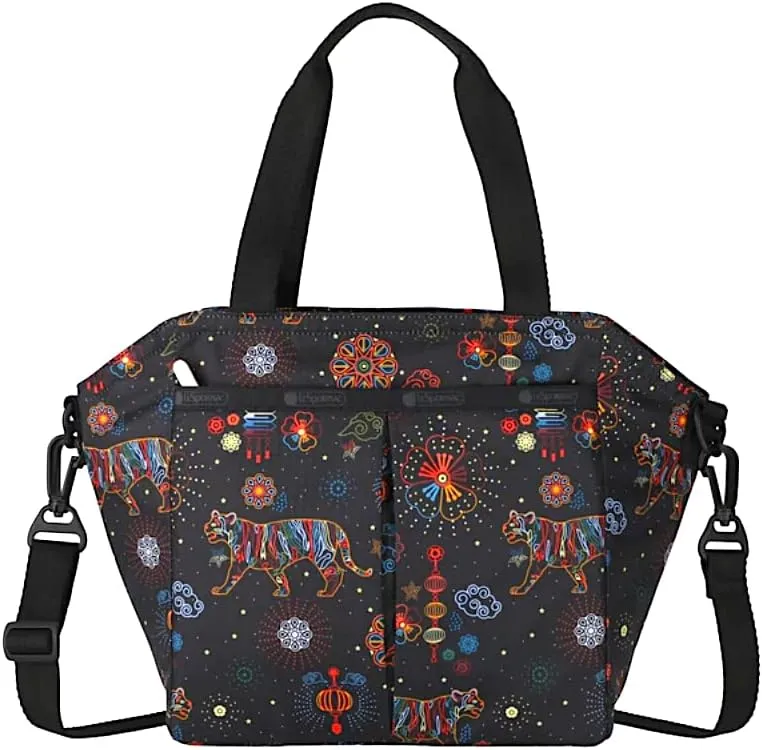 LeSportsac Bright Fortune Small Ever Tote Handbag/Satchel & Convertible Crossbody   Top Handle Tote & Cosmetic Bag, Style 3801/Color E476, Festive & Colorful Graphics Evoke Optimism & Strength