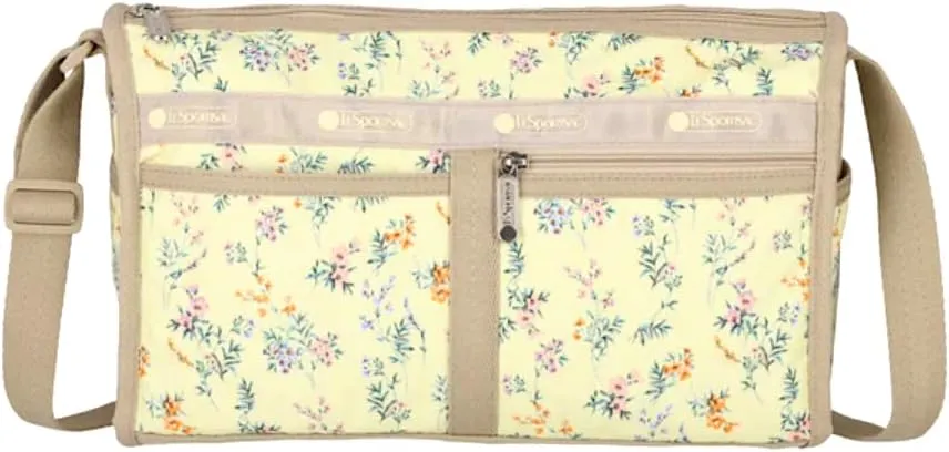 LeSportsac Cheerful Blooms Deluxe Shoulder Satchel Crossbody Bag   Cosmetic Bag, Style 7519/Color E547, Romantic & Colorful Delicate Sprays of Wispy Flowers & Floral Blooms, Neutral Buttercup Yellow