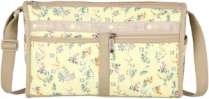 LeSportsac Cheerful Blooms Deluxe Shoulder Satchel Crossbody Bag   Cosmetic Bag, Style 7519/Color E547, Romantic & Colorful Delicate Sprays of Wispy Flowers & Floral Blooms, Neutral Buttercup Yellow