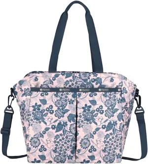 LeSportsac Rooks & Roses Large Ever Tote Handbag/Satchel & Convertible Crossbody   Top Handle Tote & Cosmetic Bag, Style 3802/Color E483, Slate Blue Whimsical Roses, Branches & Leaves, Pastel Pink Bag