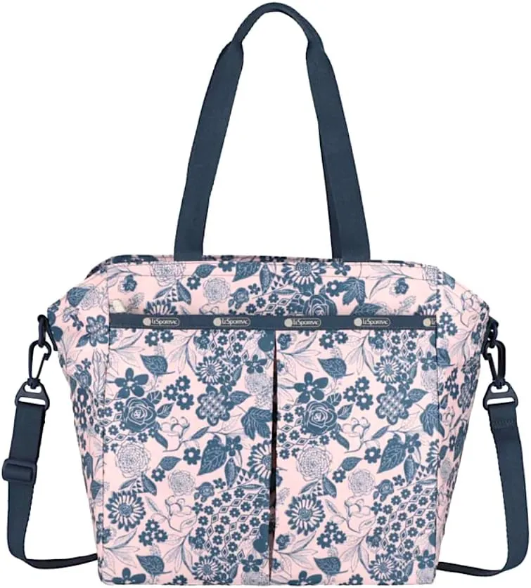 LeSportsac Rooks & Roses Large Ever Tote Handbag/Satchel & Convertible Crossbody   Top Handle Tote & Cosmetic Bag, Style 3802/Color E483, Slate Blue Whimsical Roses, Branches & Leaves, Pastel Pink Bag