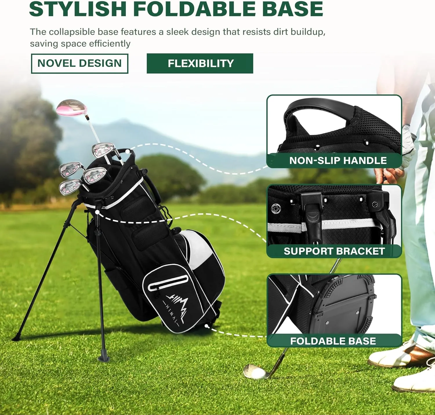 Lightweight Golf Stand Bag with 4-Way Full-Length Divider, Foldable Base & Dual Straps