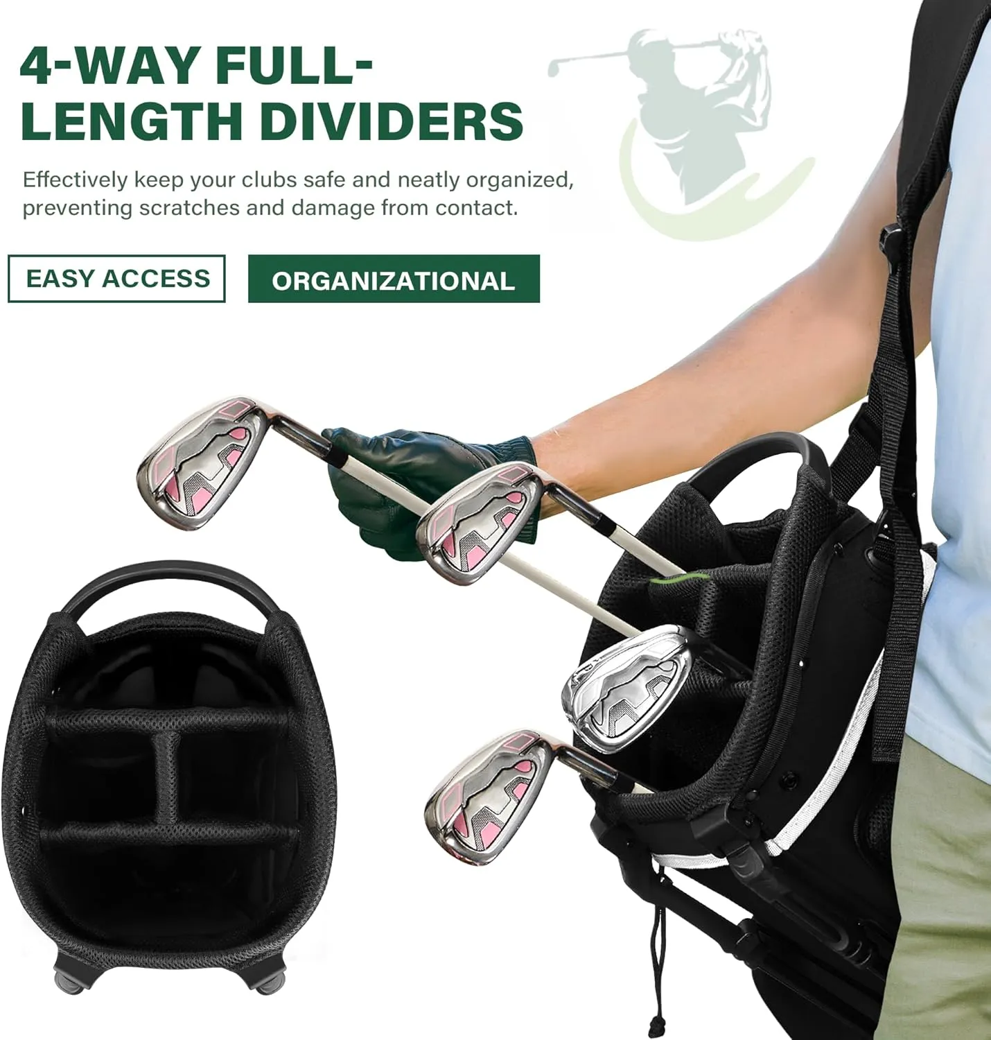 Lightweight Golf Stand Bag with 4-Way Full-Length Divider, Foldable Base & Dual Straps