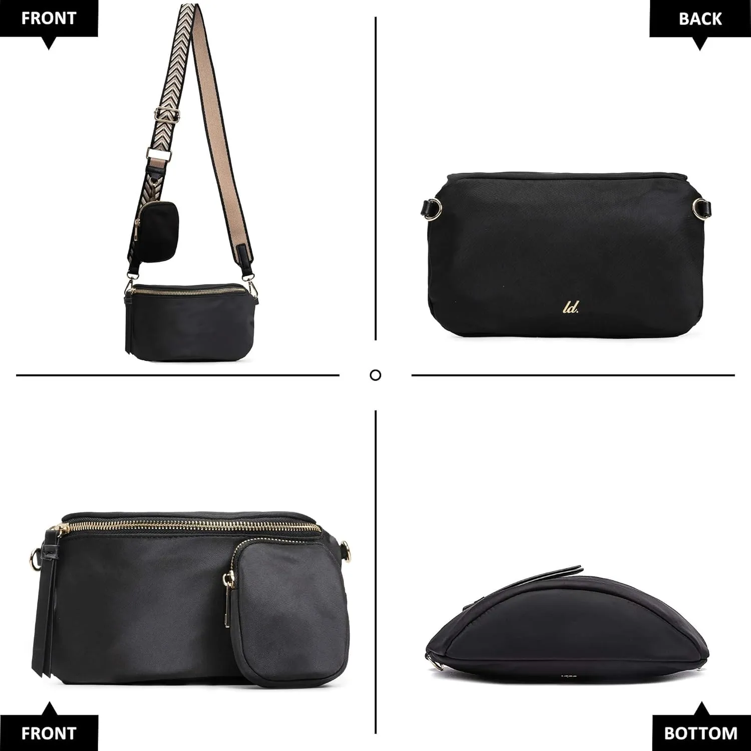 Like Dreams Small Crossbody Bum Bag for Women | Lightweight Nylon Fanny Pack with Detachable Airpods Pouch | Stylish Crossbody Bag (Black)