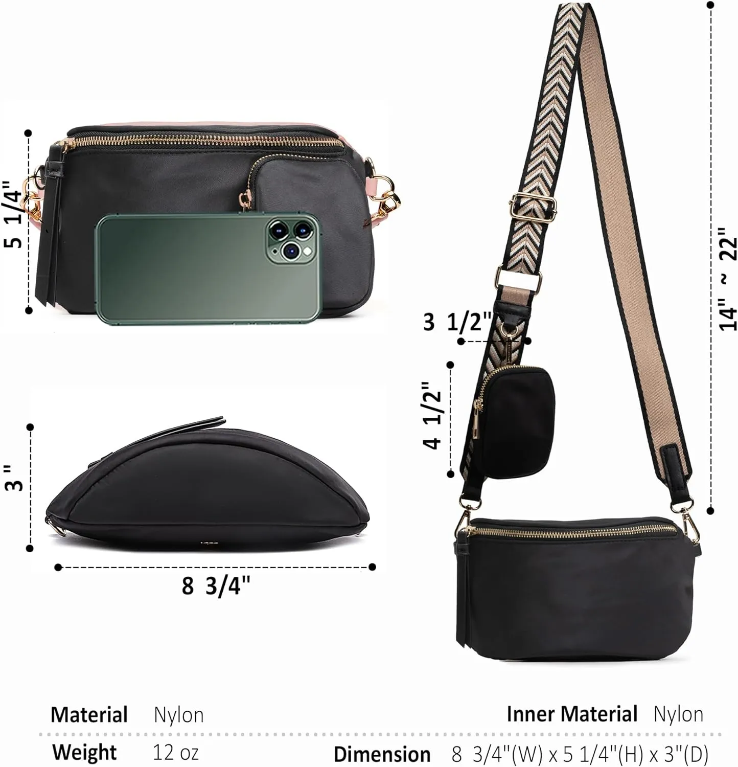 Like Dreams Small Crossbody Bum Bag for Women | Lightweight Nylon Fanny Pack with Detachable Airpods Pouch | Stylish Crossbody Bag (Black)