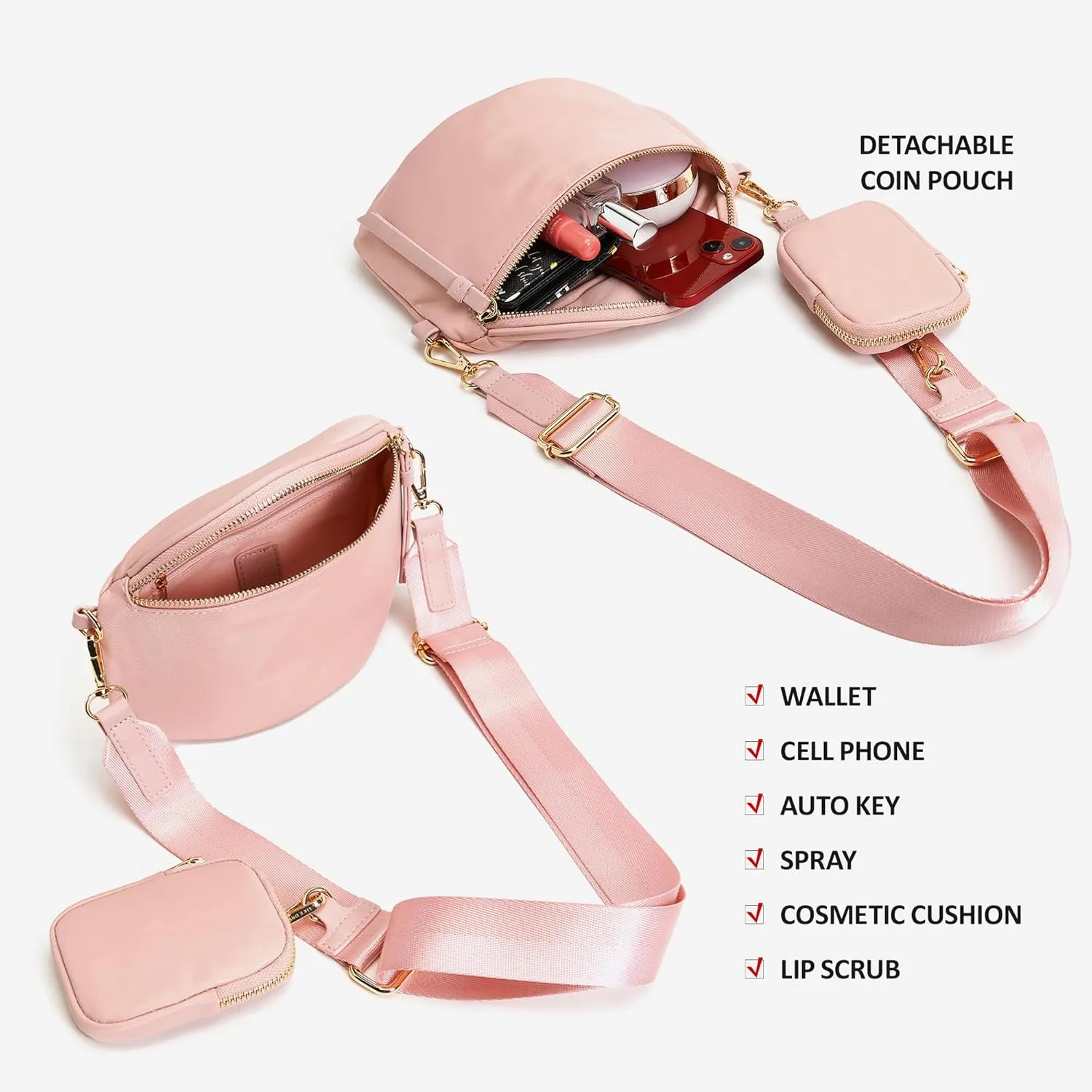Like Dreams Small Crossbody Bum Bag for Women | Lightweight Nylon Fanny Pack with Detachable Airpods Pouch | Stylish Crossbody Bag (Blush)