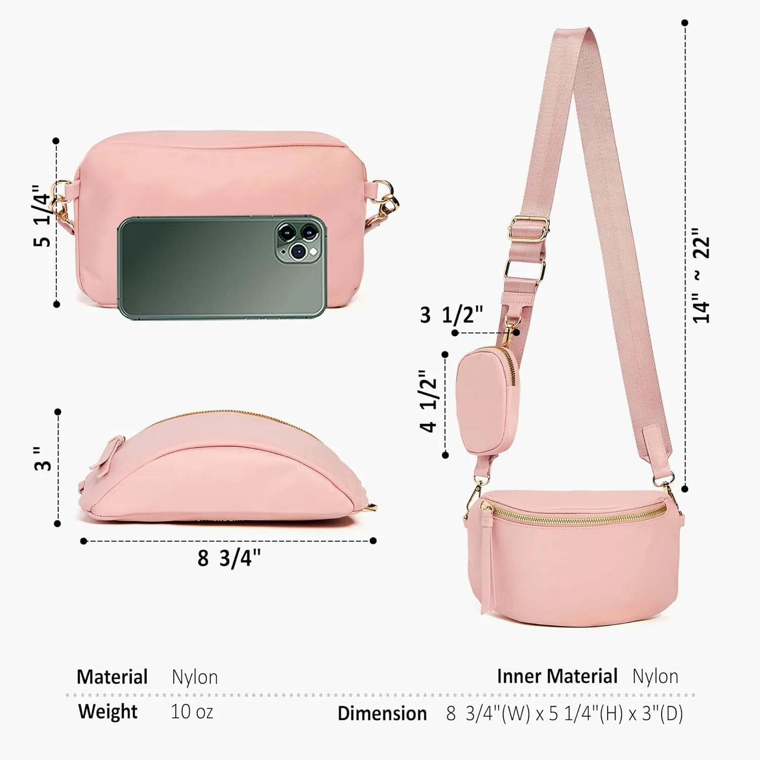 Like Dreams Small Crossbody Bum Bag for Women | Lightweight Nylon Fanny Pack with Detachable Airpods Pouch | Stylish Crossbody Bag (Blush)