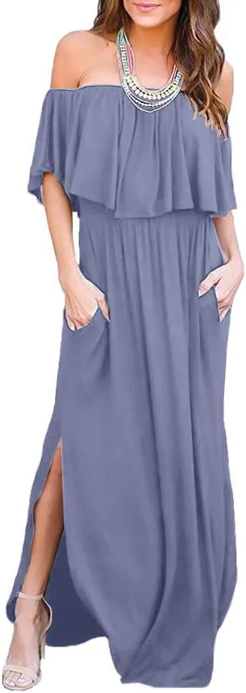 LILBETTER Womens Off The Shoulder Ruffle Party Dresses Side Split Beach Maxi Dress