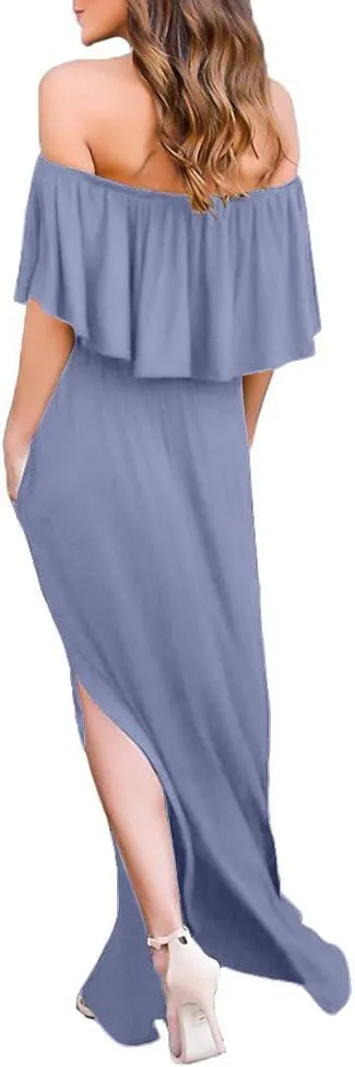 LILBETTER Womens Off The Shoulder Ruffle Party Dresses Side Split Beach Maxi Dress