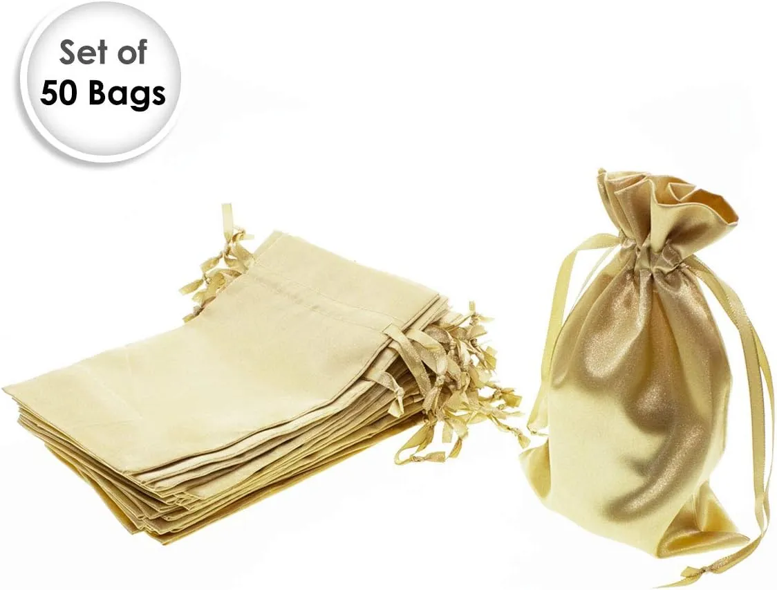Linen and Bags 6" x 9" Gold Satin Bags, Jewelry Bags, Wedding Favor Drawstring Bags Baby Shower Bags 50 per Pack