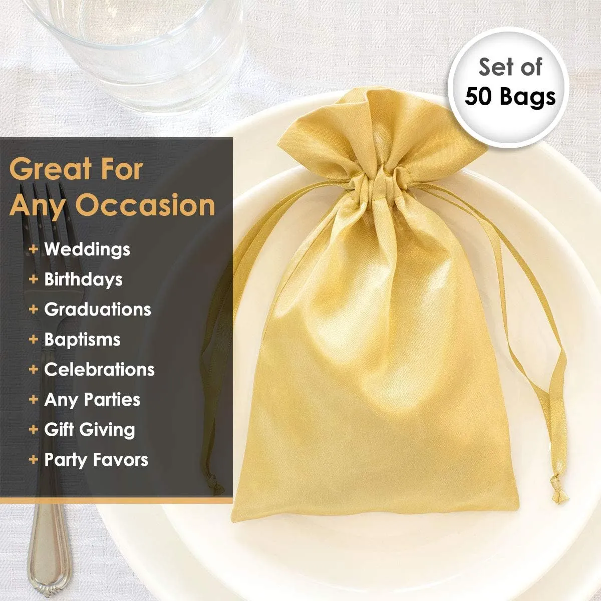 Linen and Bags 6" x 9" Gold Satin Bags, Jewelry Bags, Wedding Favor Drawstring Bags Baby Shower Bags 50 per Pack