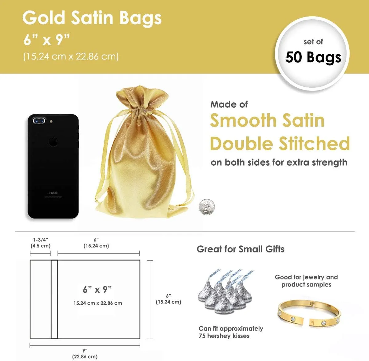 Linen and Bags 6" x 9" Gold Satin Bags, Jewelry Bags, Wedding Favor Drawstring Bags Baby Shower Bags 50 per Pack